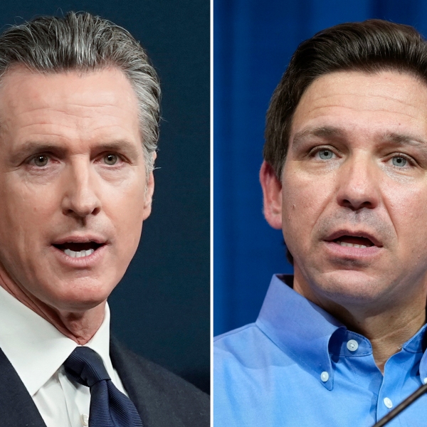 FILE - This combination of photos shows California Gov. Gavin Newsom speaking in Sacramento, Calif., on June 24, 2022, left, and Florida Gov. Ron DeSantis speaking in Sioux Center, Iowa, May 13, 2023, right. (AP Photo, File)